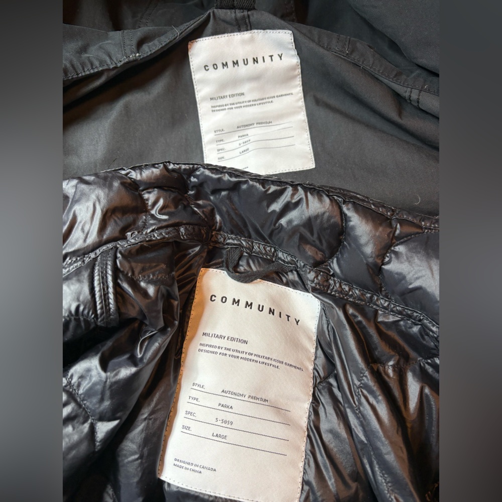 Aritzia Community Black Hooded Jacket, sz L removable lining, no fur - Picture 2 of 7